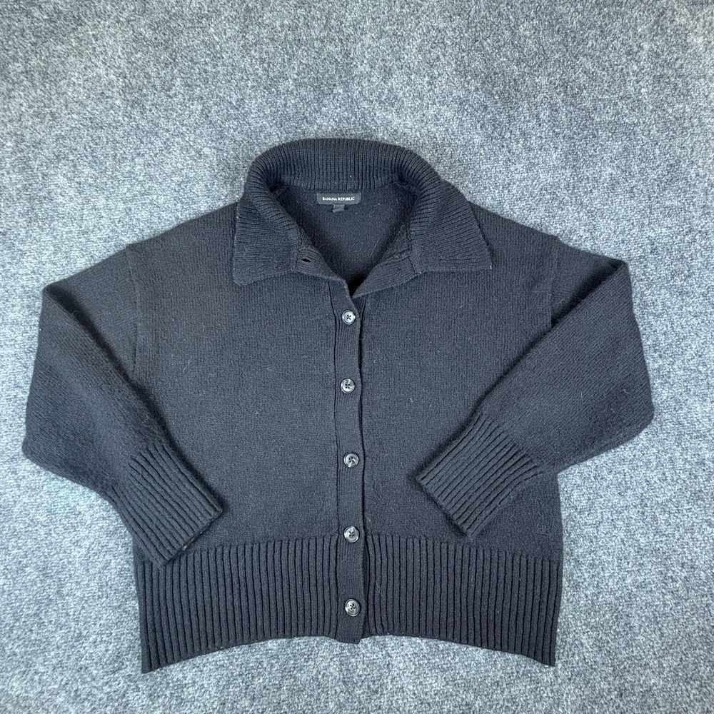 Banana Republic Cardigan Sweater Womens L Black Ribbed Tight Knit Button-Front